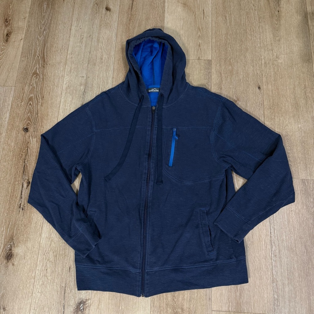 Eddie Bauer Navy Zip-Up Hooded Sweater with Bright Blue Lining